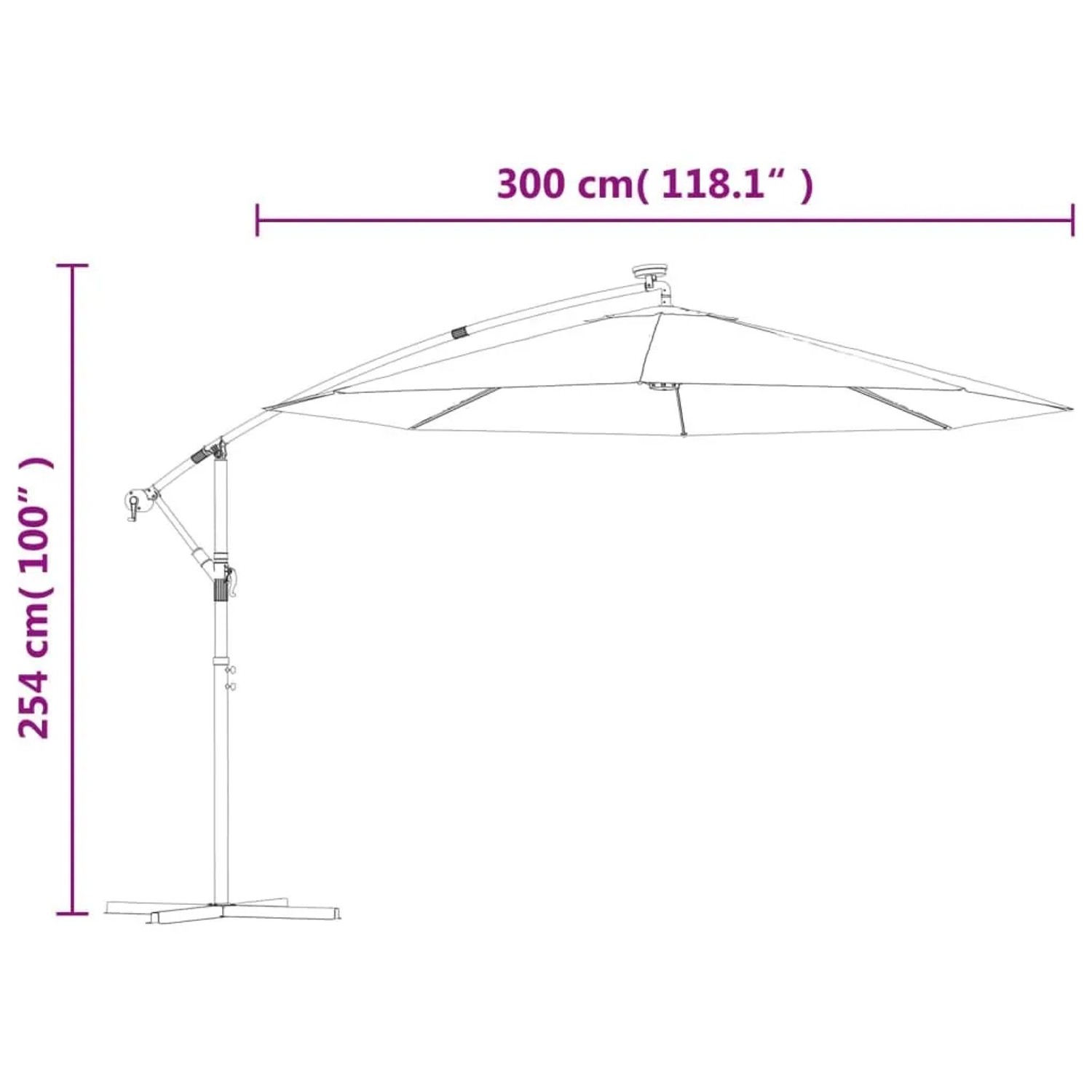 Anthrazitfarbener Ampelschirm mit LED und Stahlmast, 300 cm, Maße.