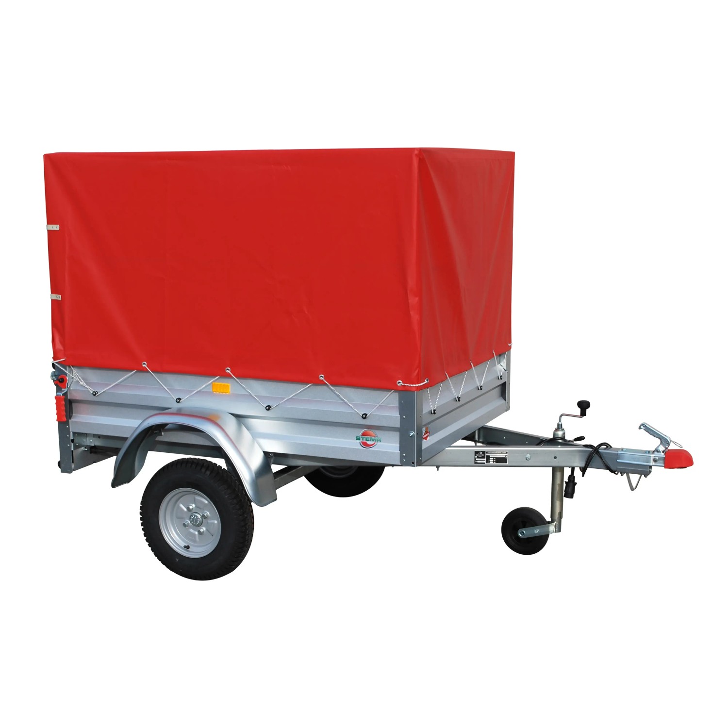 Stema Anhänger Variolux 550 mit roter Plane, Stützrad und Diebstahlsicherung.