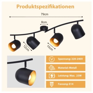 Schwarzer NETTLIFE Deckenstrahler aus Metall mit 4 schwenkbaren Spots, goldener Innenseite. 79cm lang, E14 Fassung.