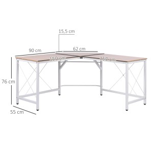 HOMCOM Computertisch L-Form Eckschreibtisch mit heller Holzplatte und weißem Metallgestell.