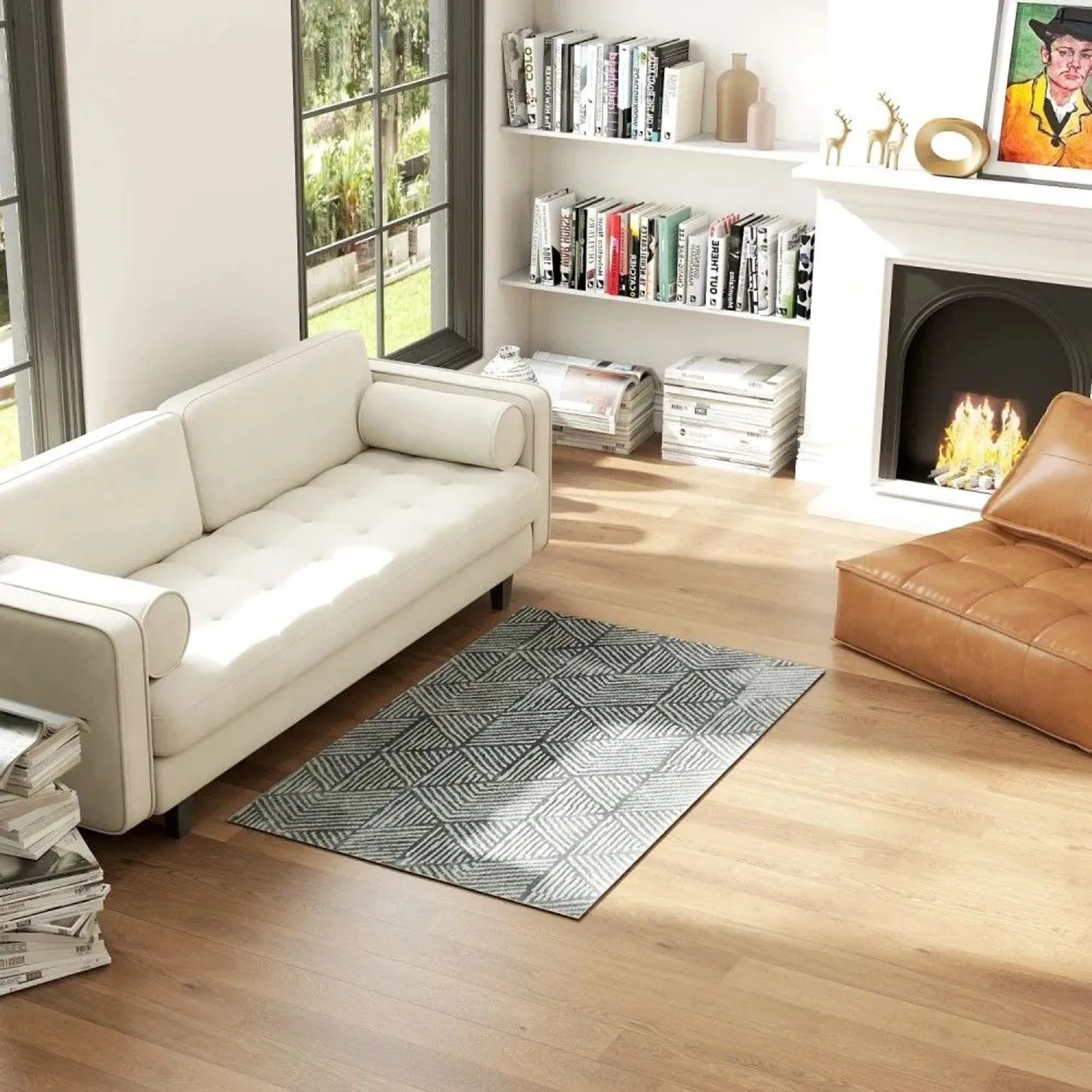 Dunkelgrauer HOMCOM Kurzflor Teppich mit modernem geometrischem Streifenmuster im Wohnzimmer. Stilvoller Flächenteppich.
