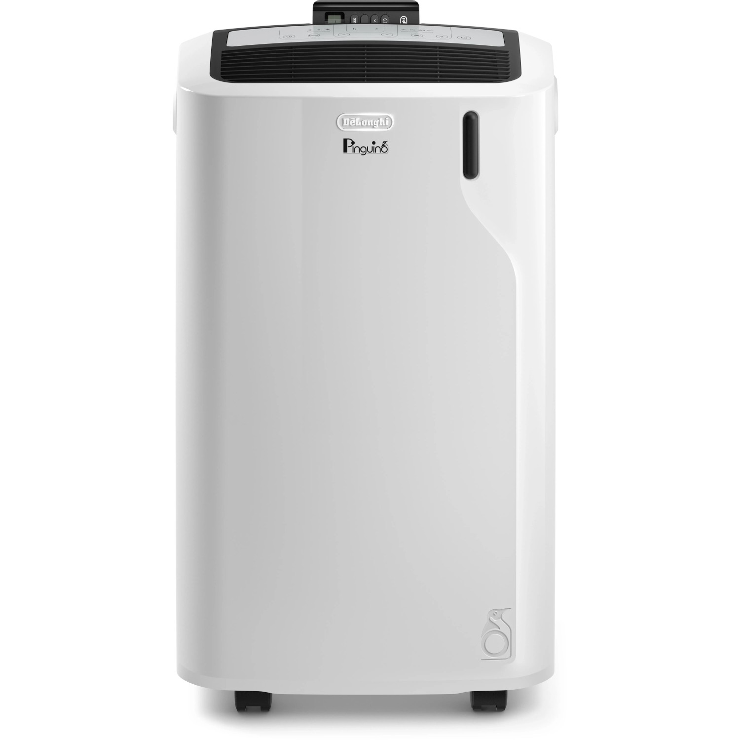 Weißes DeLonghi PAC EM90 Silent Klimagerät mit Rollen und digitalem Bedienfeld.