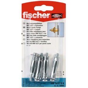 Fischer Hohlraumdübel HM 5x37 SK, 4 Stück, aus Metall mit Schrauben für Gipskarton und Hohlräume.