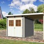 Karibu Holz-Gartenhaus Genf 3 terragrau mit Anbaudach und Doppeltür.