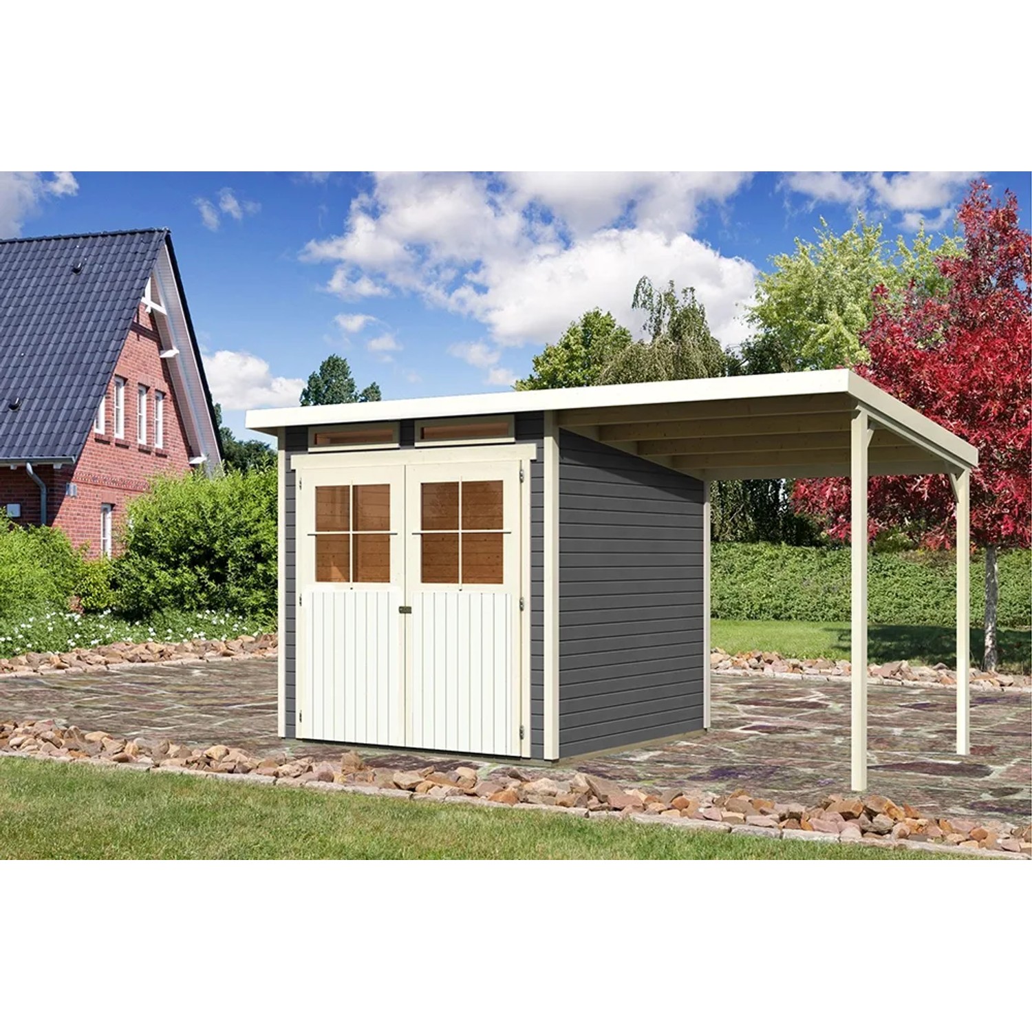 Karibu Holz-Gartenhaus Genf 3 terragrau mit Anbaudach und Doppeltür.