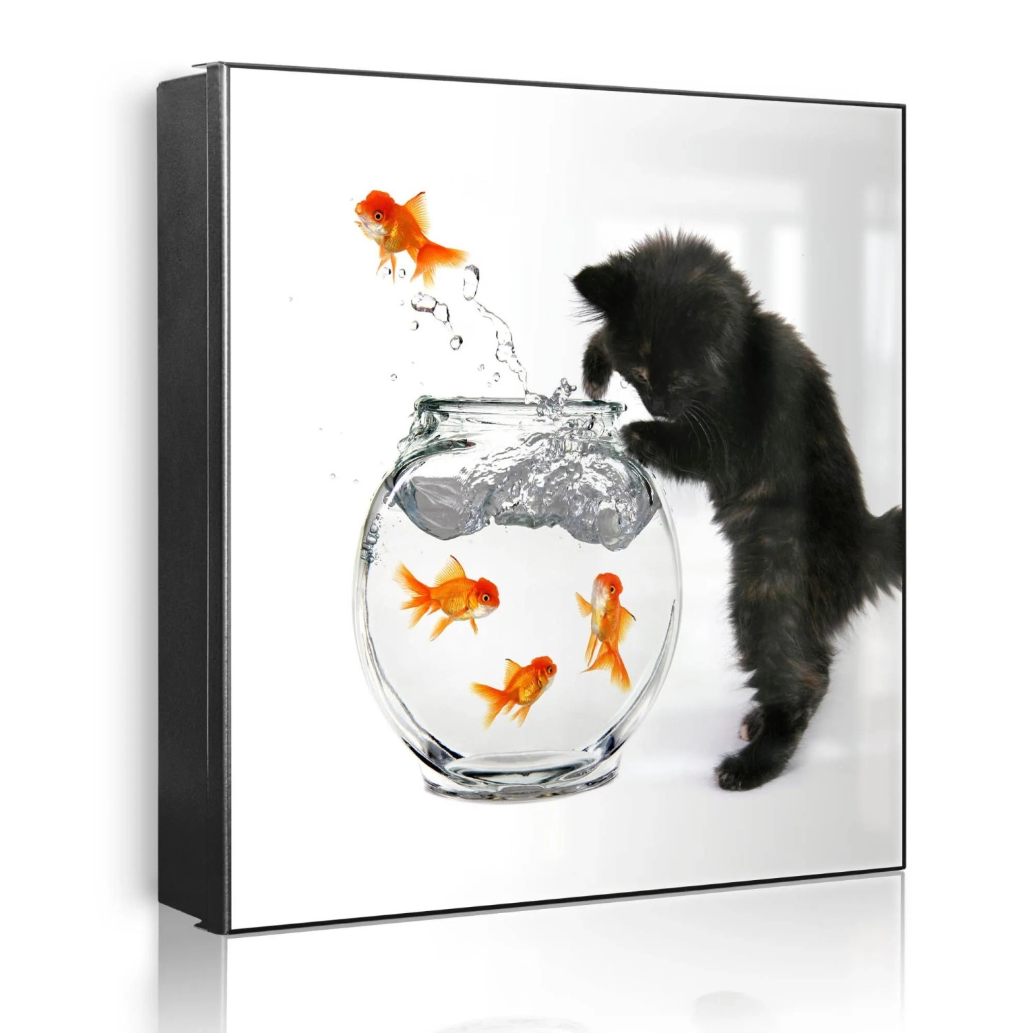 Banjado Großer Schlüsselkasten Metall 30x30cm Schwarz Scharnier Links 50 Haken Beschreibbar Magnetisch Motiv Katze Und Fisch