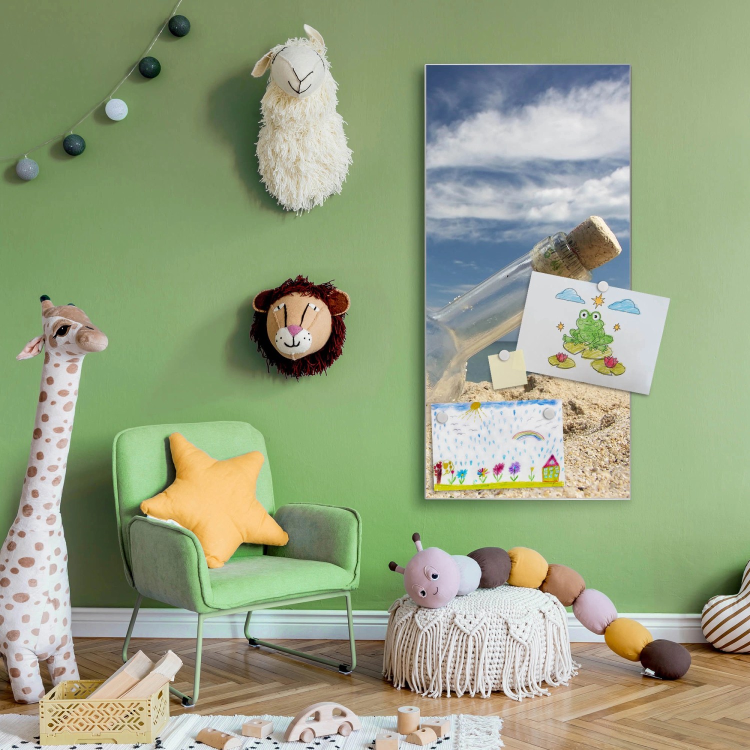 Silberne Magnettafel 37x78cm mit Flaschenpost-Motiv als Wanddekoration mit Magneten.