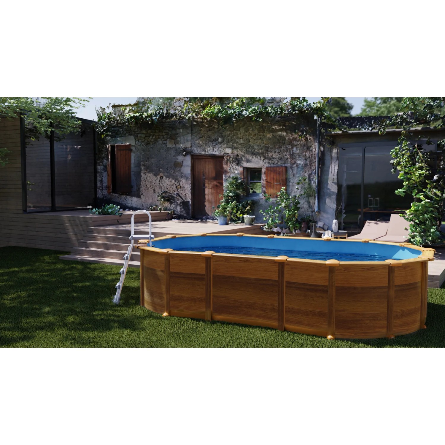 Ovaler Gre Pool Amazonia mit Holzoptik, Leiter und Sandfilteranlage im Garten.
