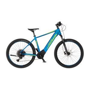 Blaues Fischer E-Bike Mountainbike 27,5 Montis 6.0i mit gelben Akzenten.