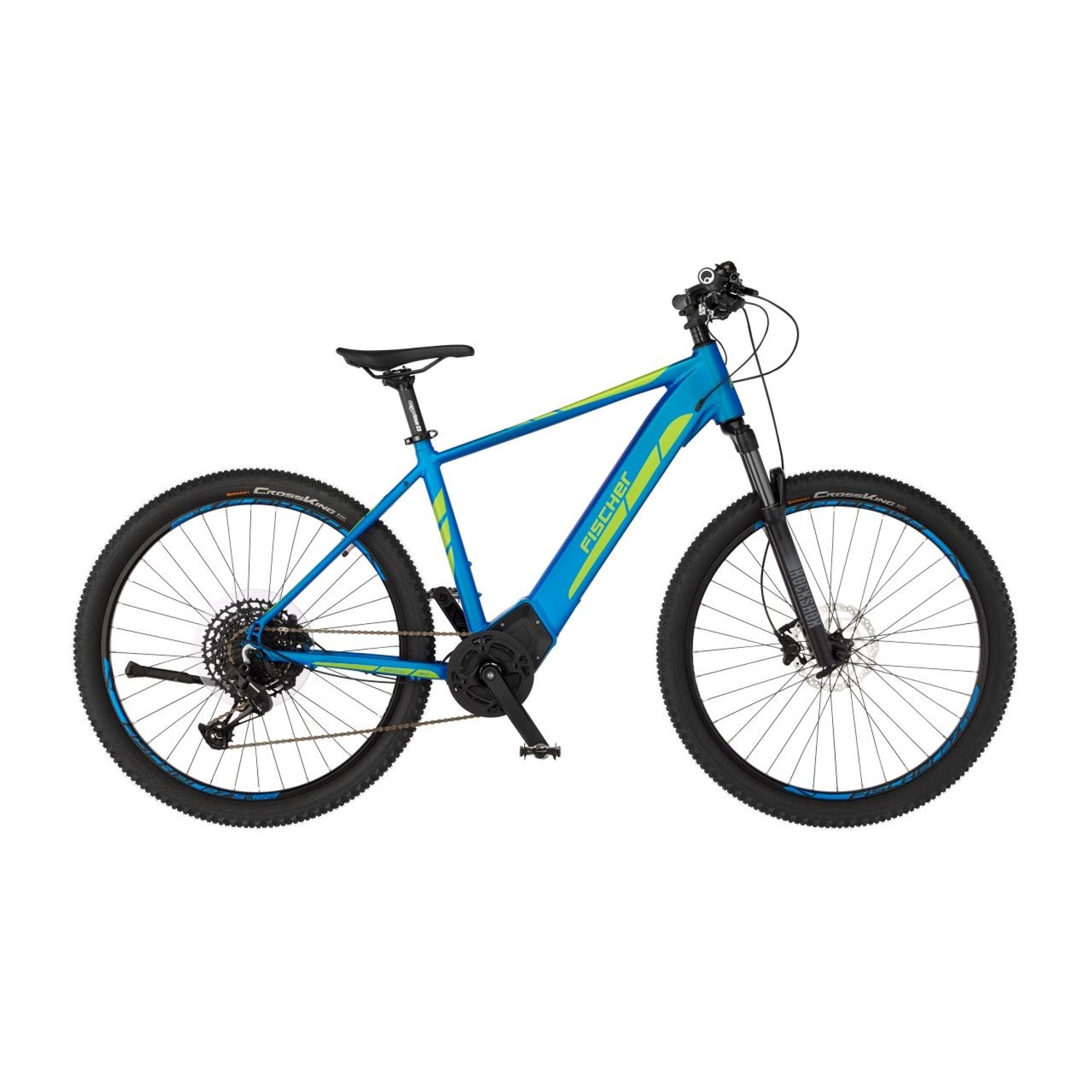 Blaues Fischer E-Bike Mountainbike 27,5 Montis 6.0i mit gelben Akzenten.