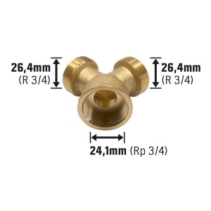 Messing Gewinde-Gabelstück mit Innengewinde und zwei Außengewinden für Trinkwasser- und Heizungsrohre.