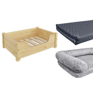 Erst-Holz Tierbett aus Kiefernholz mit Rollrost, optional mit Matratze und Polster.