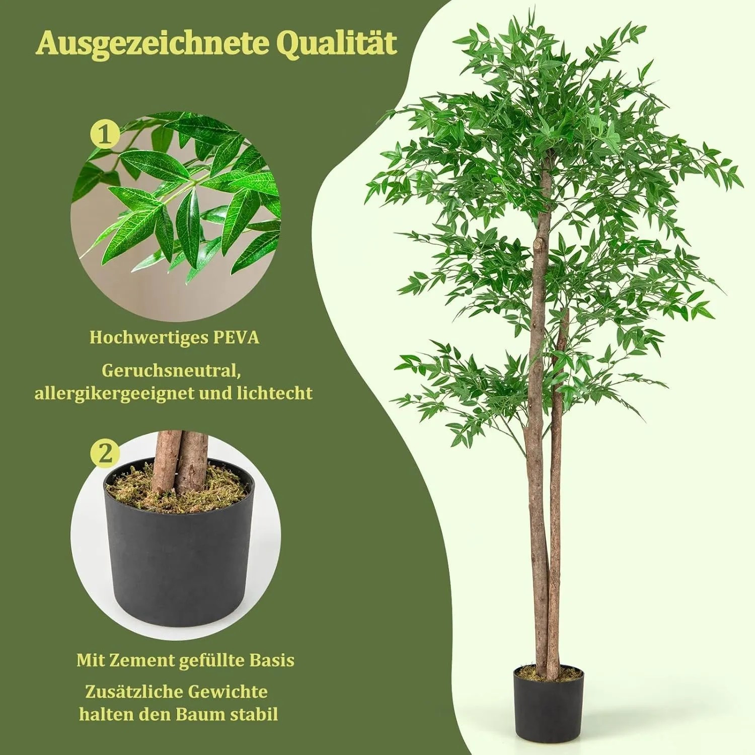 Grüne künstliche Bambuspflanze 150 cm im schwarzen Topf. Dichte Blätter aus PEVA, stabile Stämme mit Zementbasis.