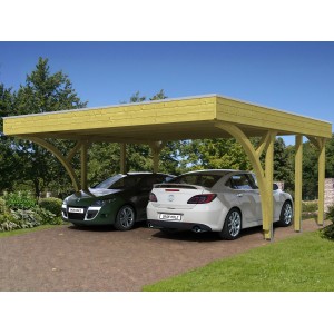Skan Holz Carport Friesland Set: Doppelcarport aus Holz mit zwei parkenden Autos.