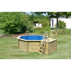 Karibu Holzpool Modell 1 B Set KDI mit Leiter und blauem Innenbecken im Garten.