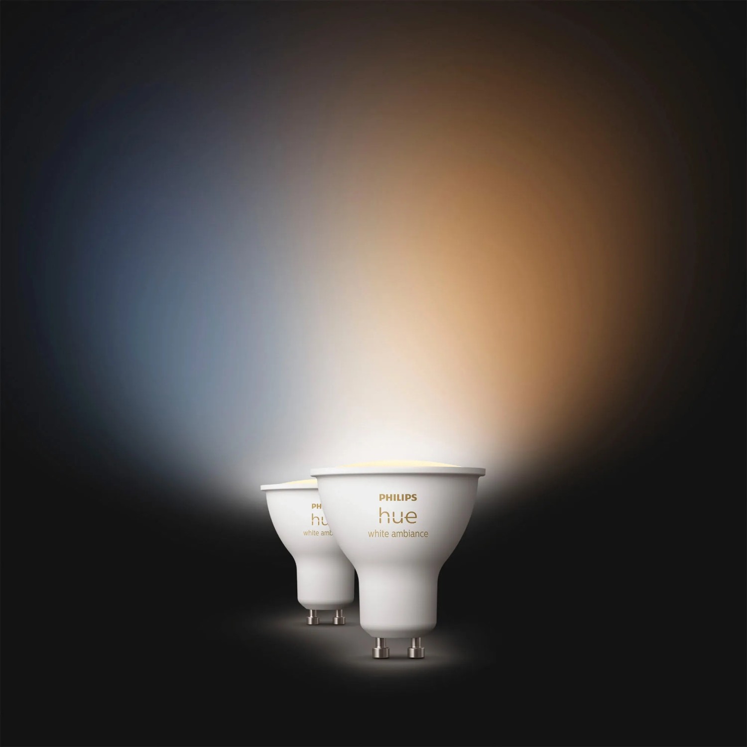 Doppelpack Philips Hue GU10 LED-Spots, 4,2W, mit verschiedenen Weißtönen.