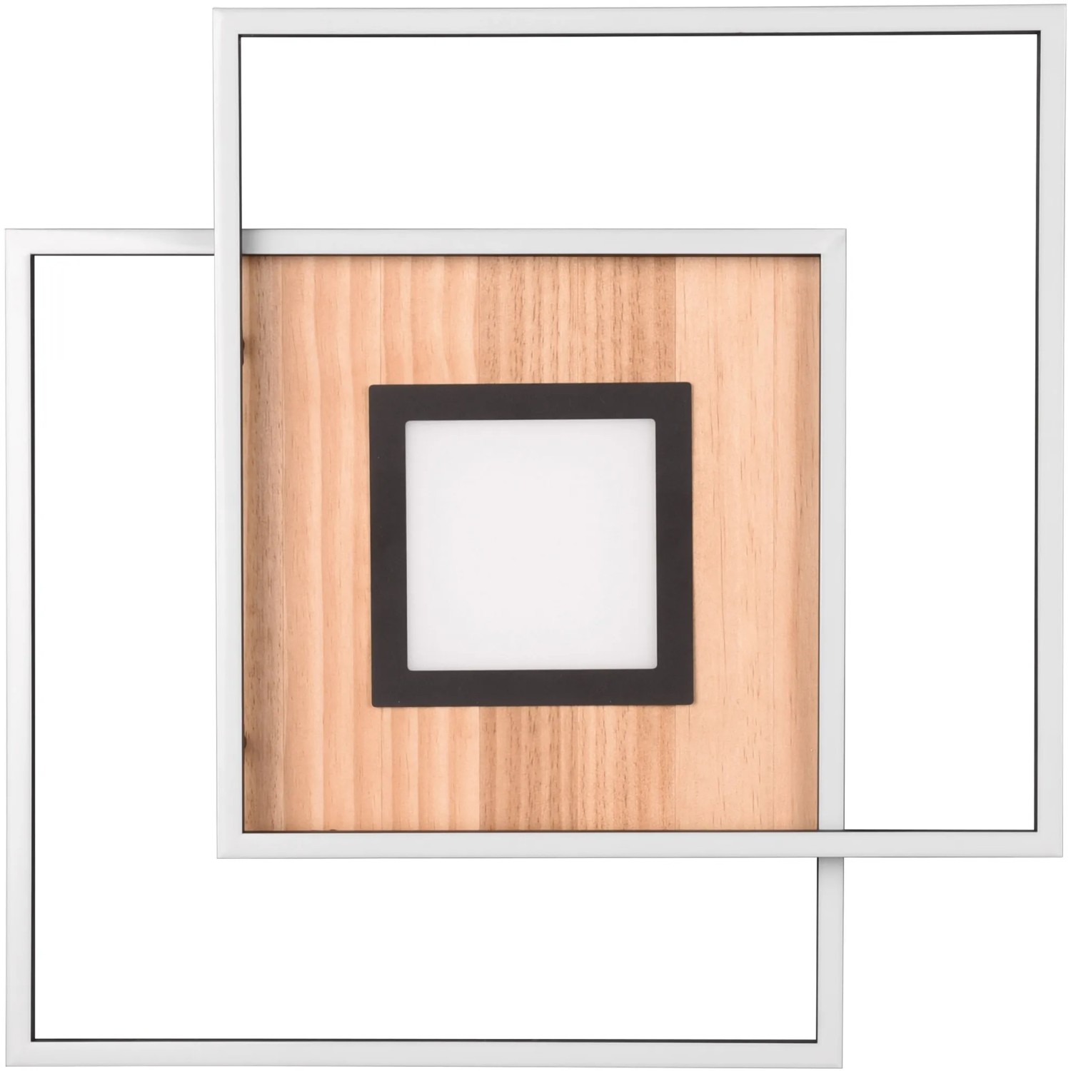 Moderne Trio LED Deckenleuchte Via in Holzoptik mit schwarzem Rahmen und Fernbedienung zur Lichtsteuerung.