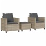 Hellgraues 3-tlg. vidaXL Bistro-Set aus Polyrattan mit Kissen für Garten, Terrasse oder Balkon.