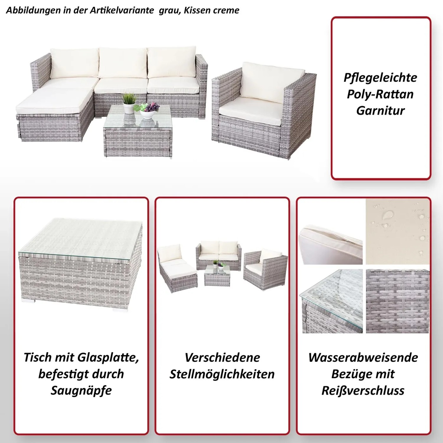 Graue Poly-Rattan Lounge-Garnitur Busto mit cremefarbenen Kissen und Glas-Tisch für Garten oder Terrasse.