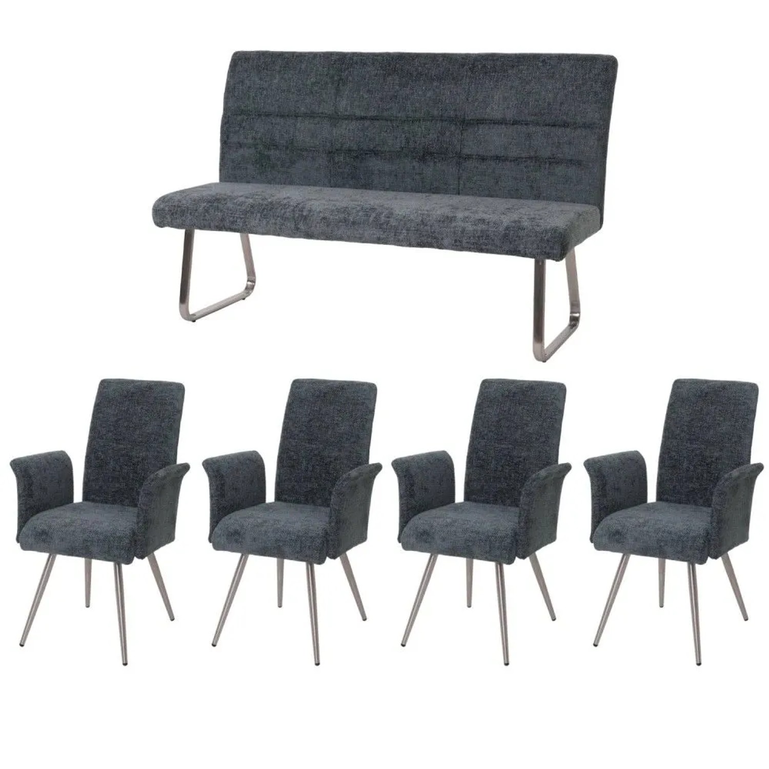 MCW Esszimmer-Set G55 4er-Set Stuhl mit Armlehne+Sitzbank 160cm 5-teilig Stoff Chenille Blau-Grün