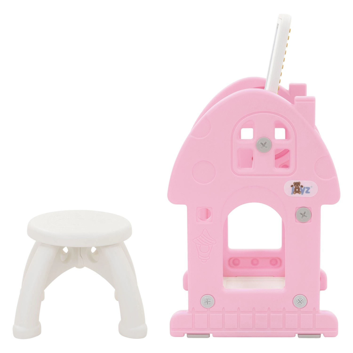 Joyz 2in1 Tafel-Spieltisch rosa-weiß mit Hocker, als Spielanlage für Kinder.
