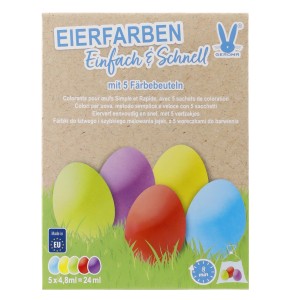 Eierfarben Set mit 5 Farben (Blau, Gelb, Grün, Rot, Violett) zum einfachen und schnellen Ostereier färben.