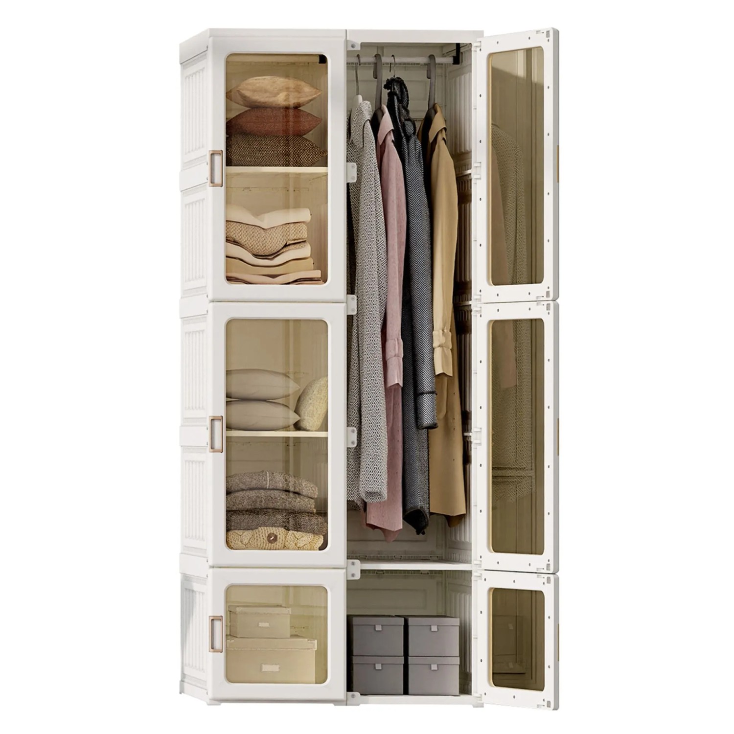 PXloue Faltbarer Kleiderschrank mit Stange und Magnetische Türen für Schlafzimmer Wohnzimmer Weiß