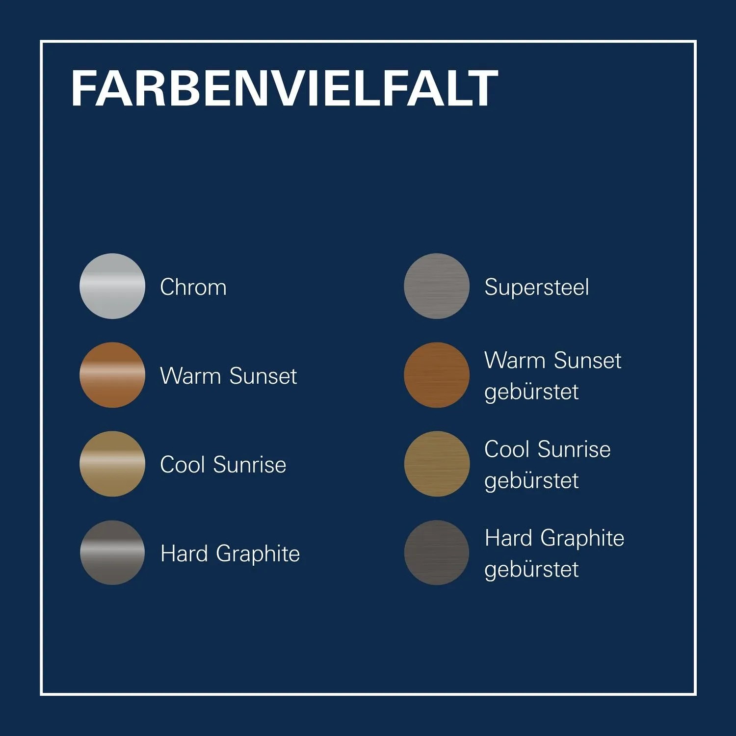 Farbvarianten der Grohe Essence Waschtischarmatur: Chrom, Supersteel, Warm Sunset, Cool Sunrise, Hard Graphite.
