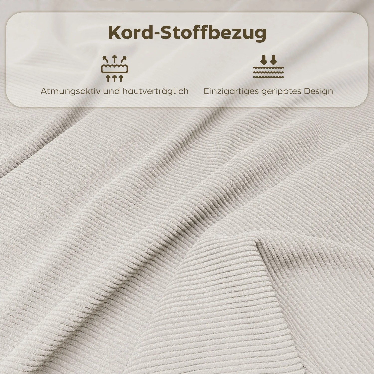 Detailaufnahme: Cremeweißer Cordstoffbezug des HOMCOM Klappstuhls. Atmungsaktiv und hautfreundlich.