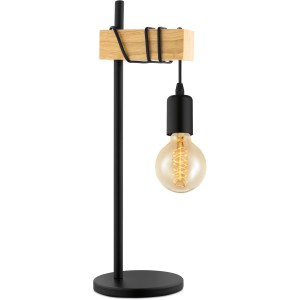 Eglo Townshend Tischleuchte: Designlampe in Schwarz-Braun mit Holzelement und E27 Fassung.