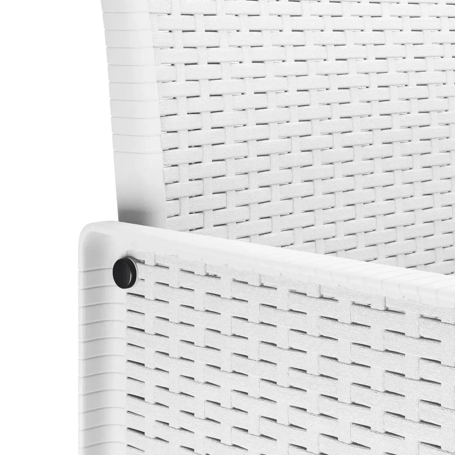 Detailansicht: Weißes Poly Rattan Gartenmöbel-Set, Tisch und Stuhl Geflecht.