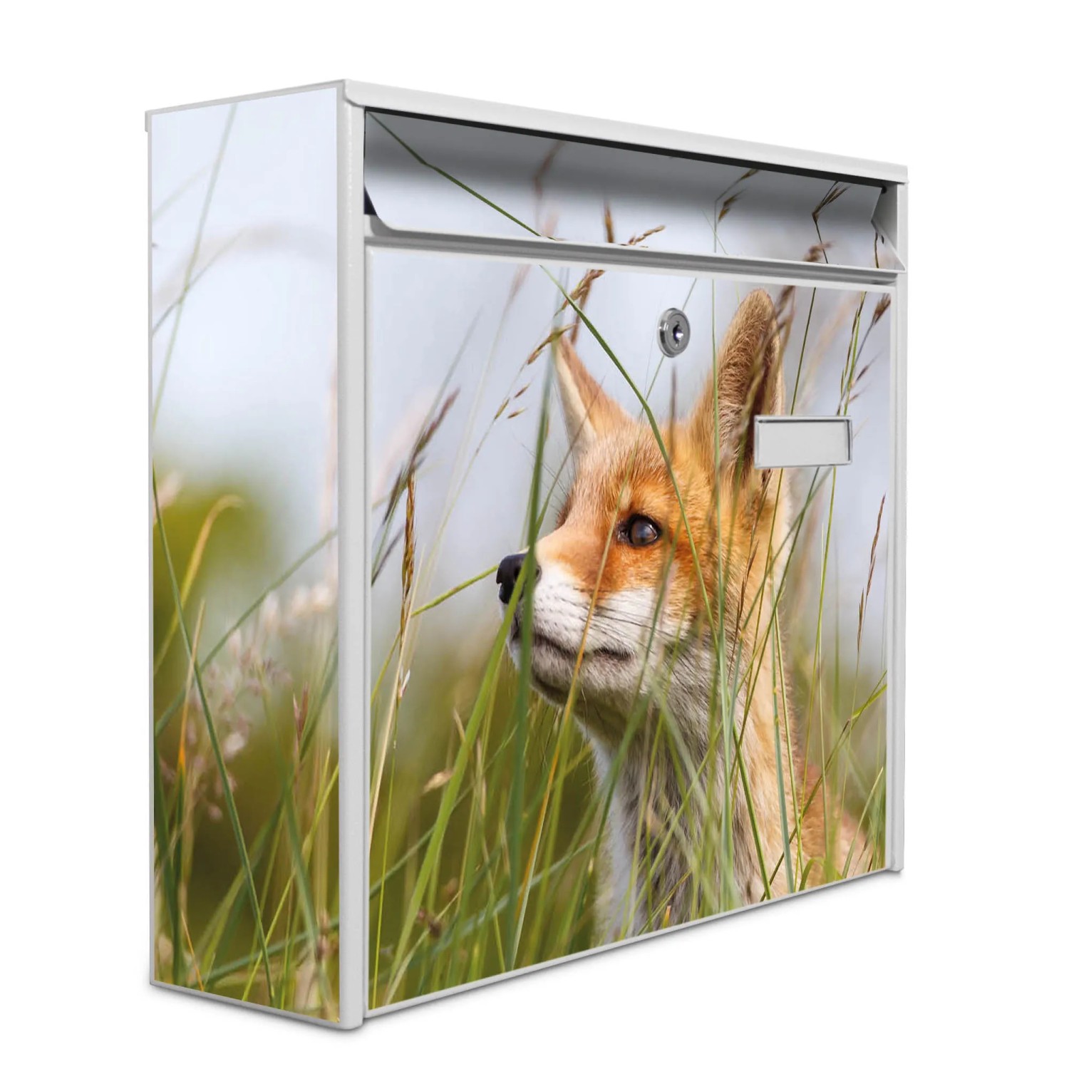 Weißer Banjado Briefkasten mit Fuchs-Motiv, inkl. Montagematerial und Schlüsseln.