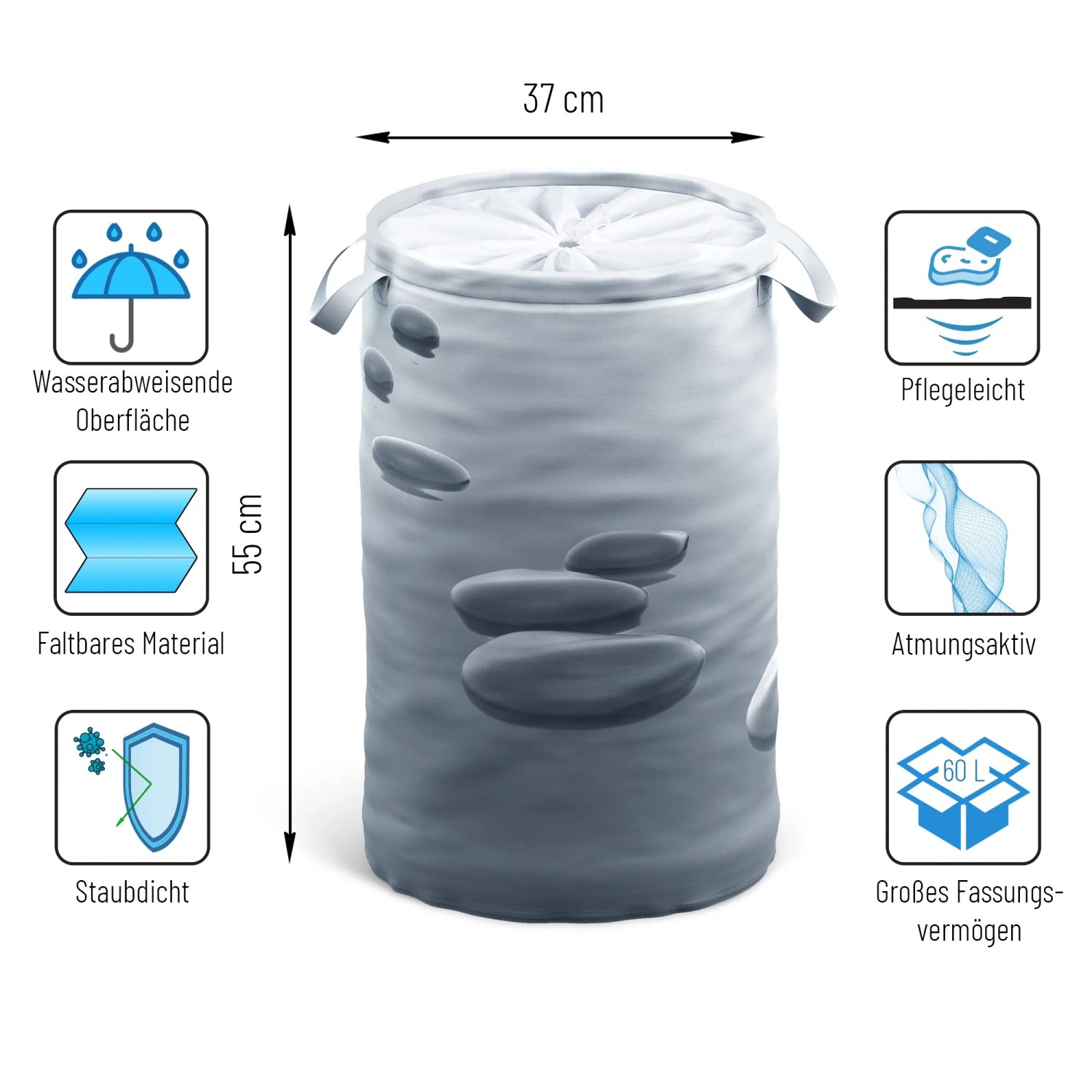 SANILO Wäschekorb Black Stones: Faltbarer Wäschesammler mit Steindesign, 60 Liter Fassungsvermögen.