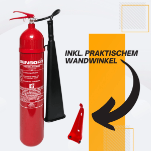 Roter Sensorit CO2 Feuerlöscher 5kg mit schwarzem Horn und rotem Wandhalter. Ideal für elektrische Anlagen & EDV.