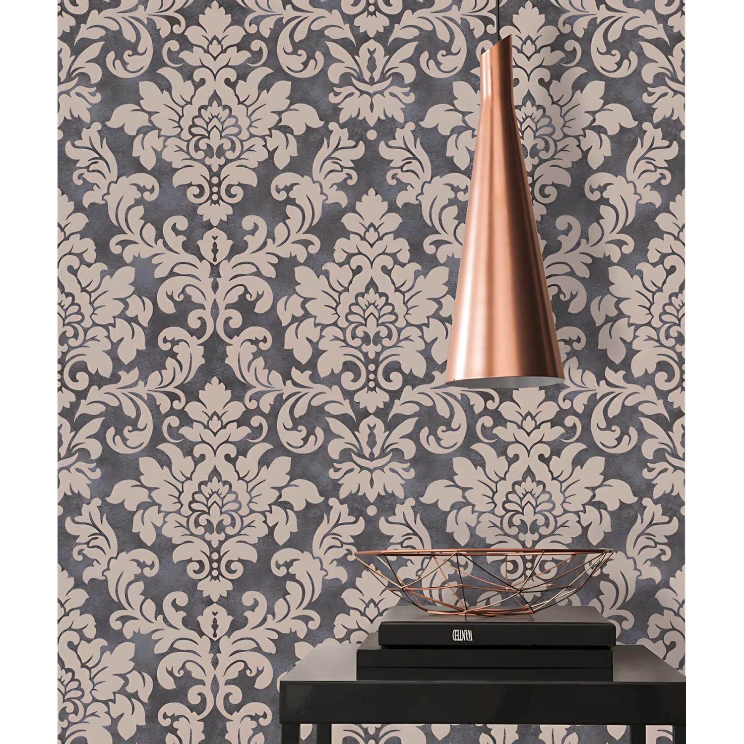Barock Tapete in Schwarz, Silber und Beige mit Glitzer-Effekt. Dekorative Vliestapete.