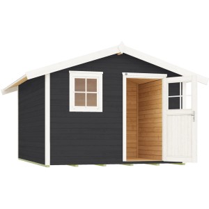 Anthrazitfarbenes Gartenhaus 123 mit Satteldach, 28 mm Wandstärke, mit Fenster und geöffneter Tür.