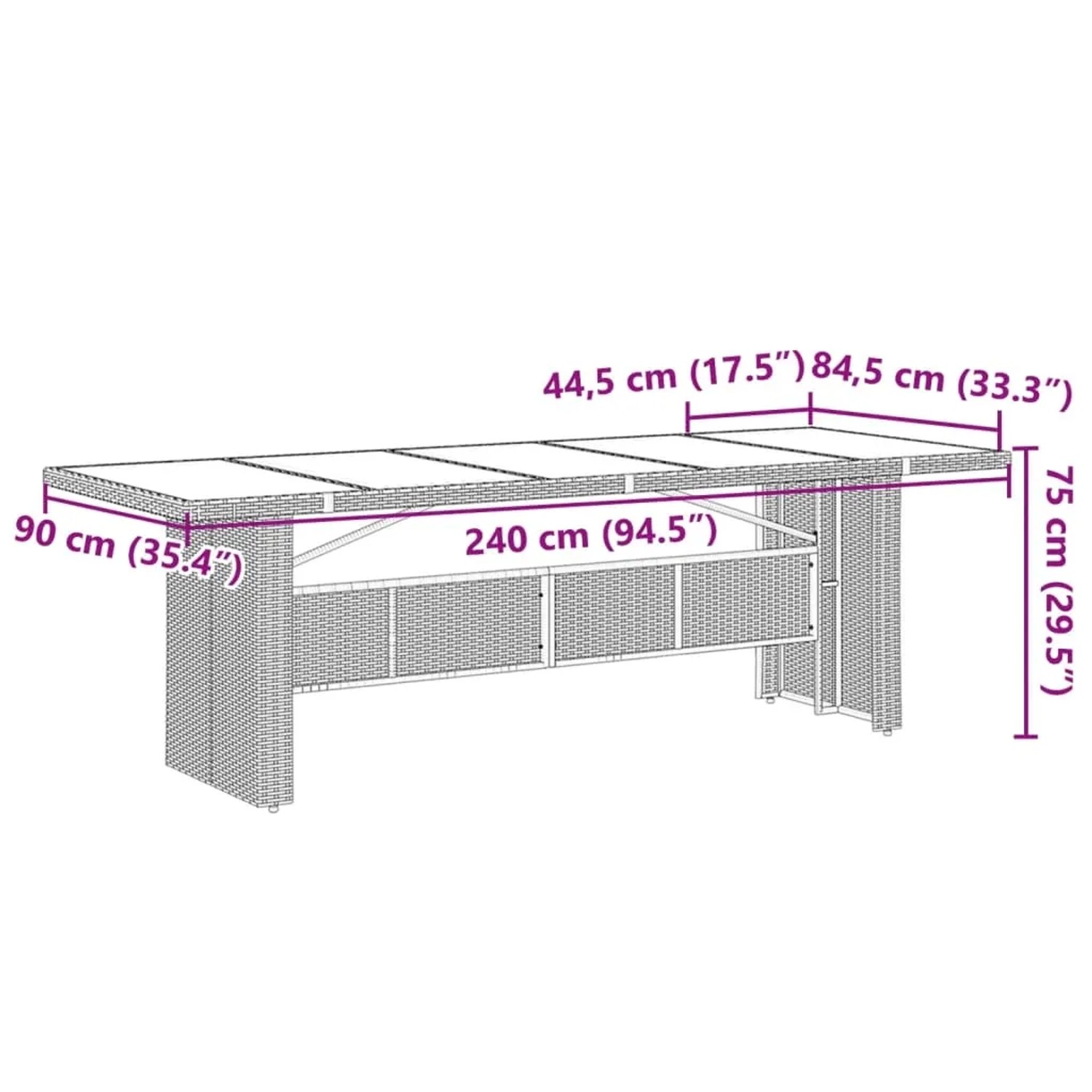 vidaXL Garten-Esstisch, schwarzes Poly Rattan, Maße: 240x90x75 cm. Detailaufnahme der Maße.