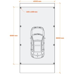 Skizze des Holzbrüder Camping-Carport Ralf 400x800 mit rotem Blechdach und Maßangaben.