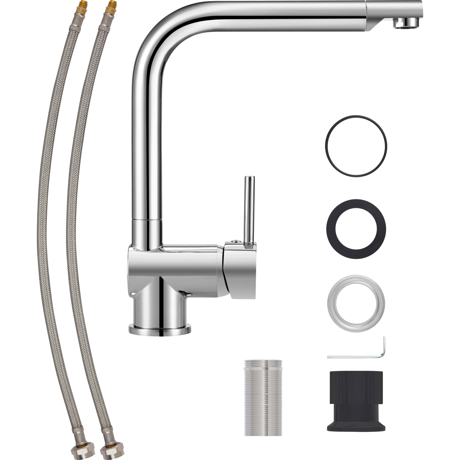 Küchenarmatur baliv KI-1070 Chrom mit Zubehör und Anschlussschläuchen.