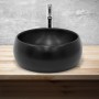 Rundes, matt schwarzes ML-Design Aufsatzwaschbecken aus Keramik (400x155mm) auf Holzplatte.