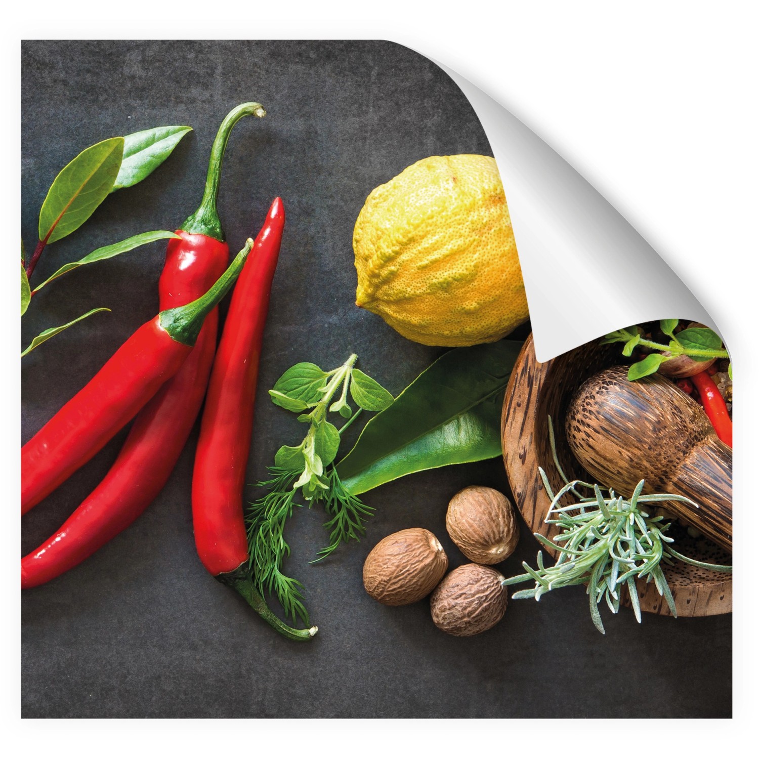 Myspotti Küchenrückwandfolie Fresh Spice mit Chili, Zitrone und Gewürzen.