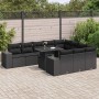 Schwarze 11-tlg. vidaXL Garten-Sofagarnitur aus Poly Rattan mit Tisch und Kissen.