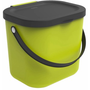 Limegrüner Rotho Mülleimer Albula, 6 Liter, mit schwarzem Deckel und Griff.