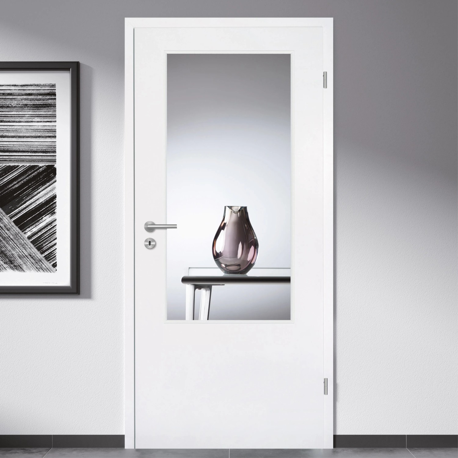 Weiße Zimmertür mit Skyscope Lichtausschnitt aus klarem ESG Glas, modernes Design.