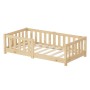 Kinderbett 70x140 cm aus hellem Kiefernholz mit Lattenrost und Rausfallschutz. Robustes Bettgestell.
