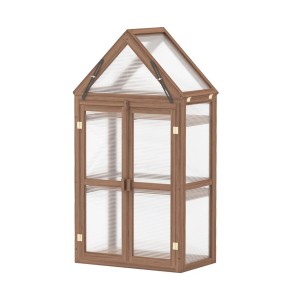 Costway 3-stöckiges Mini Gewächshaus mit Dach Braun 71x41x145cm