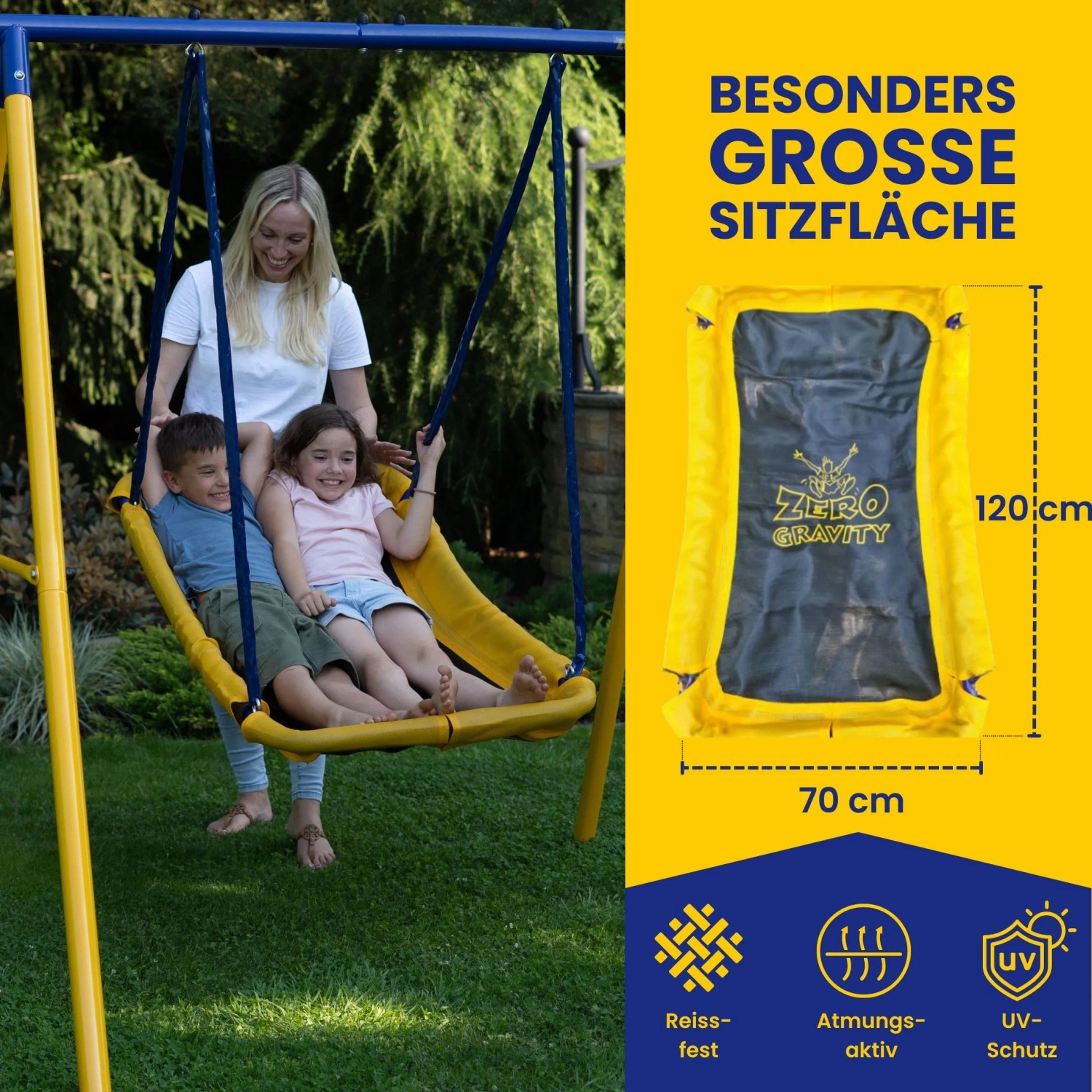 Gartenschaukel 'MAGIC CARPET' mit Metallrahmen, gelber Sitzfläche und zwei Kindern.