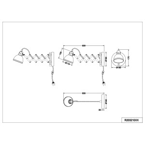 Skizze der Reality LED-Wandleuchte Scissor in Betonfarbig mit Maßen.