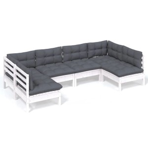 Weißes 6-tlg. Garten-Lounge-Set aus Kiefernholz mit anthrazitfarbenen Kissen.
