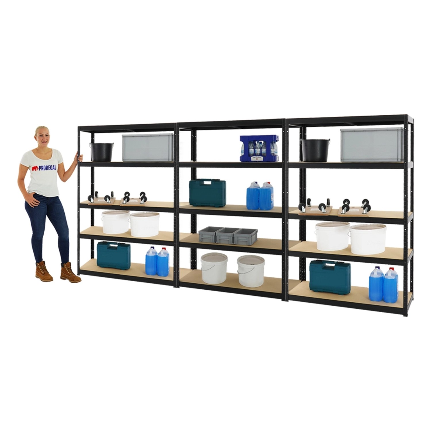 PROREGAL Mega Deal: 3 schwarze Schwerlastregale (180x120x45cm) mit je 5 Böden, beladen.